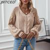 BITCED Solid Color Cable-Knit Sweater for Women Autumn/Winter Vintage Oversized Bell-Sleeve Twisted Knit Top