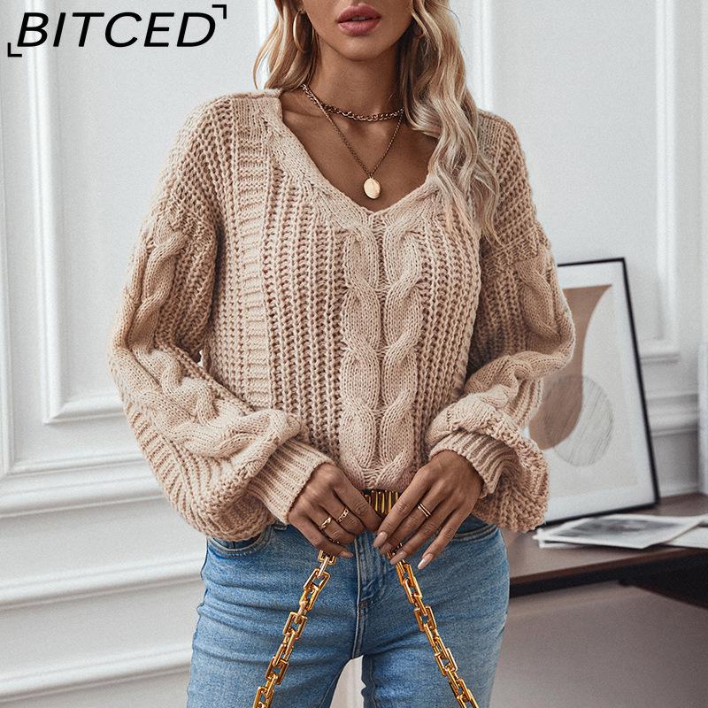 BITCED Solid Color Cable-Knit Sweater for Women Autumn/Winter Vintage Oversized Bell-Sleeve Twisted Knit Top
