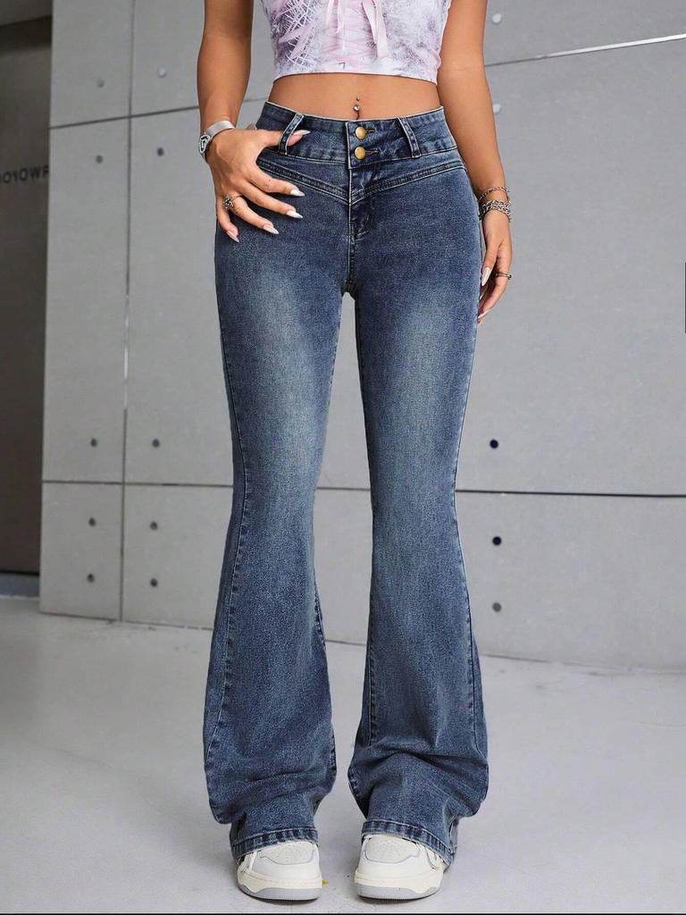 European & American Style Women's Wide-Waist Double-Breasted Split Elastic Slim-Fit Flared Denim Pants