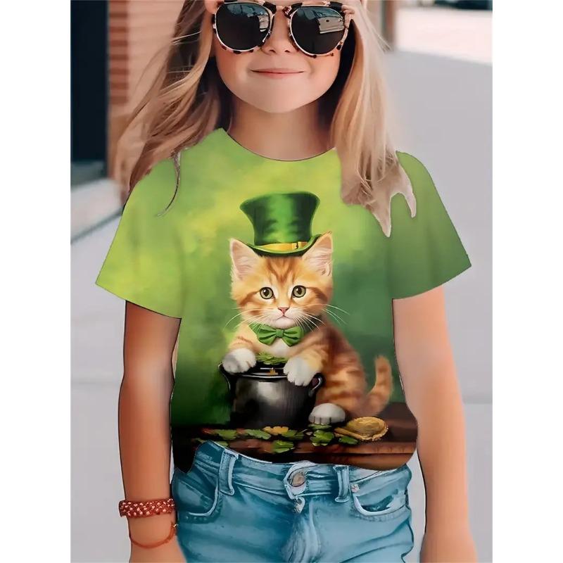 Fashionable Simple Fresh Four Leaf Clover Pattern Girls' Round Neck Pullover Short Sleeved Shirt