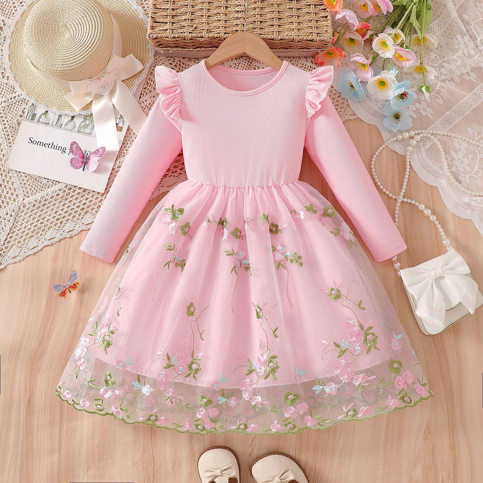 Girls Spring Autumn Long Sleeve Princess Dress With Ruffles Floral Mesh Patchwork Party Dress For Kids 100cm розовый
