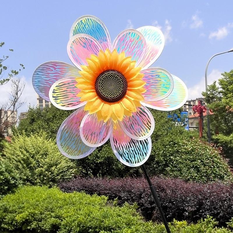 1 Piece Colorful Film Illusionary Flame Color Changing Sunflower Windmill Double-Layer Wind Spinner Kids Toys Garden Decor