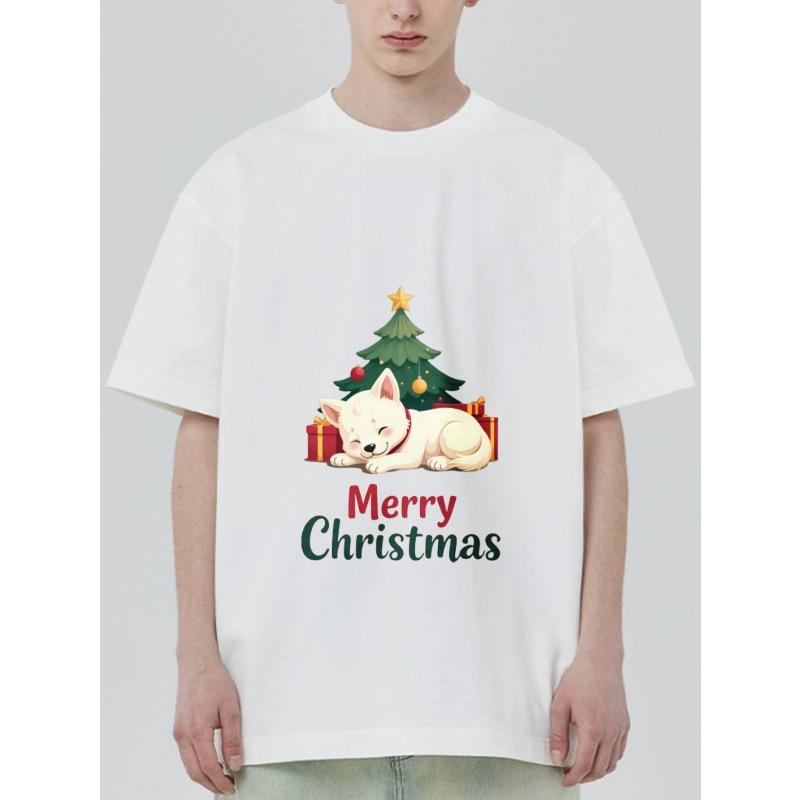 Christmas T Shirt Black Cute Dog and Christmas Tree with Merry Christmas Text Holiday Party Wear