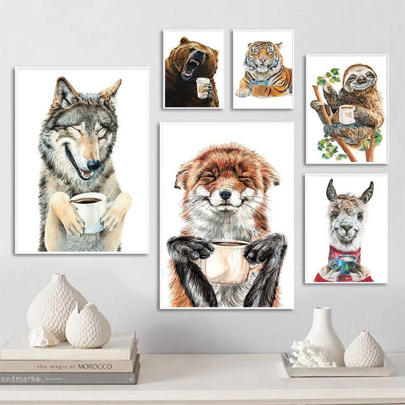 Funny Animal, Tiger, Owl, Dog, Cat Drinking Coffee, Poster, Canvas, Painting, Lama, Latte, Coffee, Art Painting for Decoration Cafe