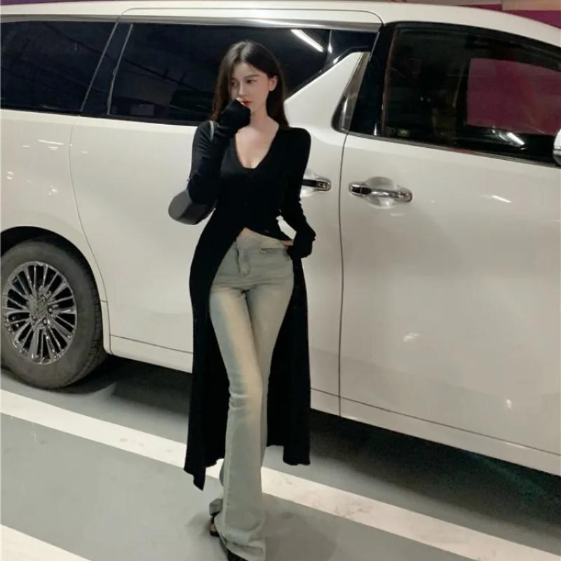 Cardigan negru cu decolteu în V, vintage, leneș, pentru femei, toamnă