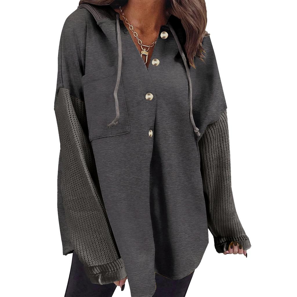 Women's Oversized Casual Long-Sleeve Button-Up Hoodie Knit Patchwork Hoodie With Pockets