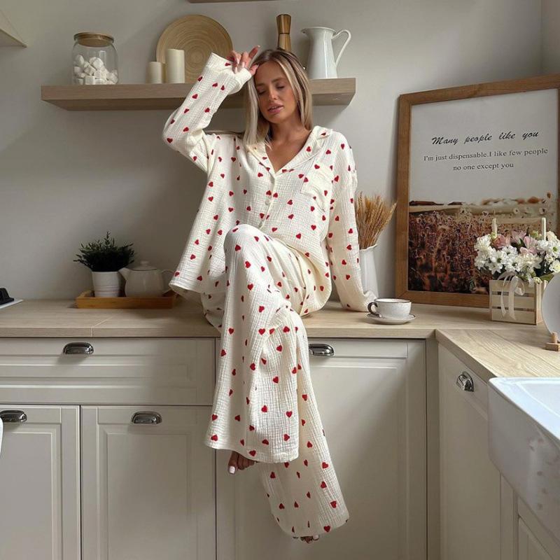 Spring Printed Women's Home Clothes Loose Long Sleeved Long Pants Pajamas Two-piece Set