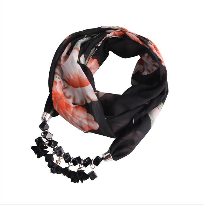 Women Printed Chiffon Ring Scarf Hijabs Multi-style Jewelry Necklace Flower Pendant Scarf Lady Apparel Accessories Wholesale