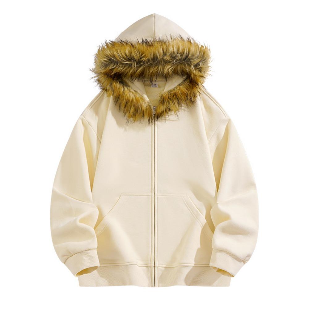 American retro hooded fur collar diagonal placket thermal zipper sweater men's and women's European and American trends