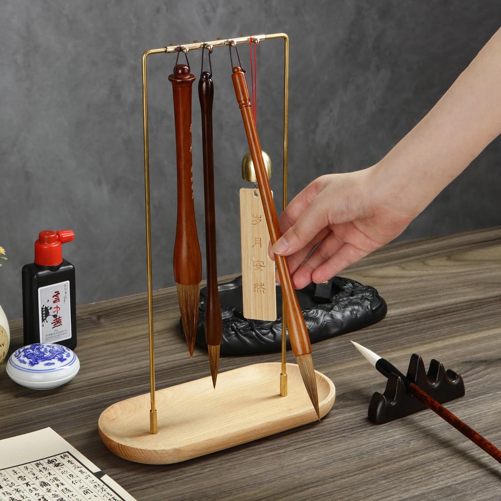 Metal Chinese Brush Pen Holder with Wooden Base Brass Calligraphy Rest Ink Hanger 8 Needles Writing Brush Holder