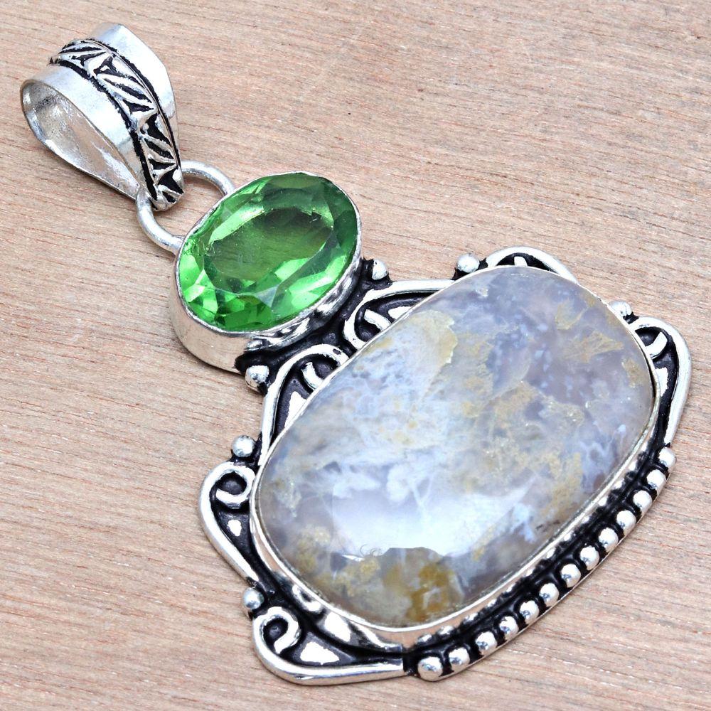 Pendant Stick Agate Peridot Quartz Gemstone Handmade Silver Jewelry 2"