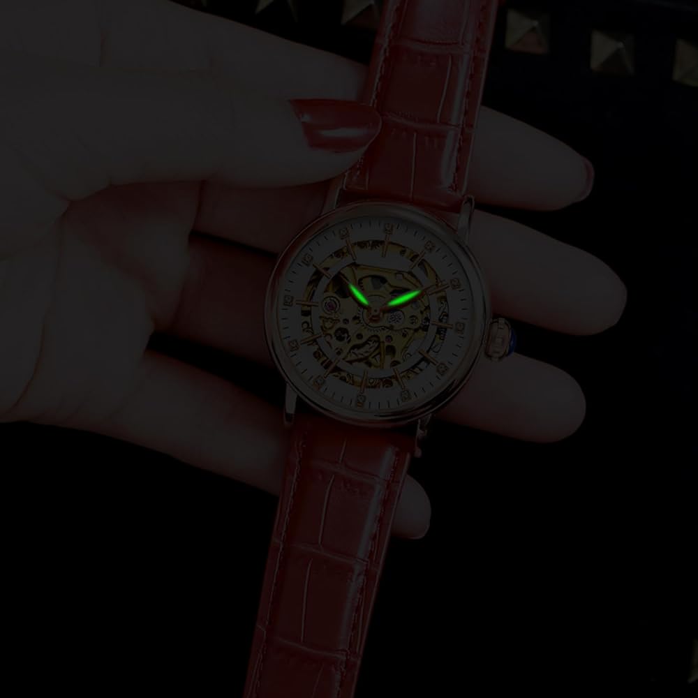 Rorios Women's Automatic Mechanical Watch Leather Skeleton Design Luminous Clover Business Watch White and Brown