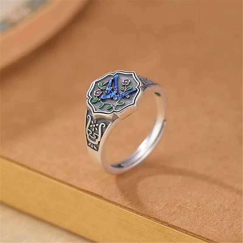 Adjustable Open Ring With Enamel Blue Motif Vintage Bird Flower Design Copper Unisex Jewelry