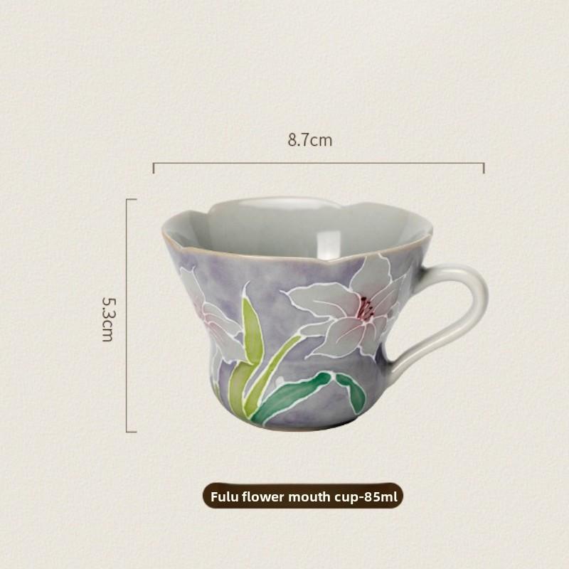 

Misty Lavender Hand Painted Ceramic Tea Cup with Floral Pattern Heat Resistant Handle Chinese Style Tea Drinking Vessel 200ml