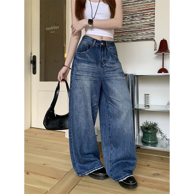 American Retro Washed Blue Denim Women's Autumn Loose All-Match Wide Leg Pants High Waist Straight Mopping Pants Pants