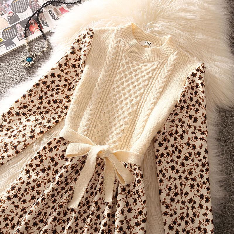 Herbst Neue Oansatz Patchwork Twist Cord Elegante Dame Gestrickte Blumendruck Kleid Frauen Laterne Hülse Schärpen Bogen Midi Kleid