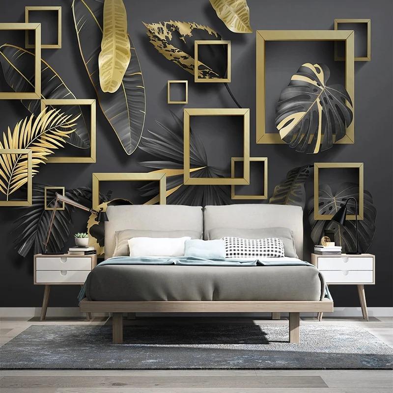Tapet Foto Modern Geometrie Frunze Aurii Plante Tropicale Picturi Murale Living Dormitor Decor Luxos pentru Casă