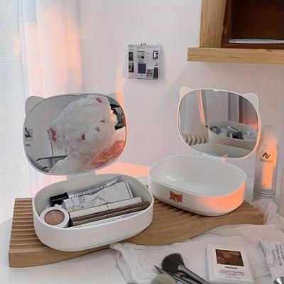 Vanity Storage Containers with Mirror, Folding Makeup Mirror with Storage Organization, Tabletop Makeup Mirror with Storage Case