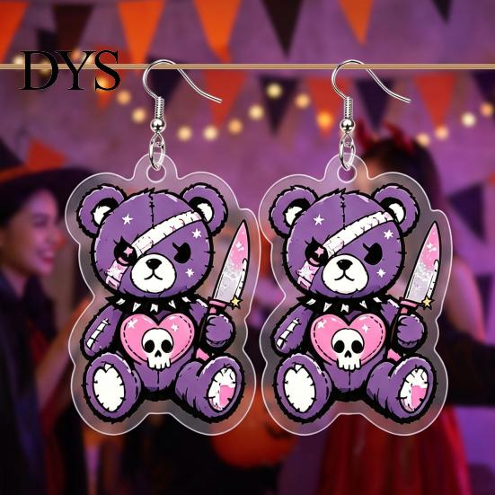 Unique Statement Earrings 1 Pair Halloween Dangle for Women, 2D Acrylic Cute Edgy Dark Aesthetic Jewelry Skeleton Bear Earrings, Funny Party