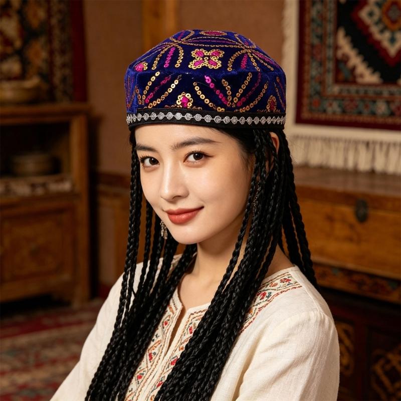 Elegant Beret Cap with Decorative Braids And Sequined Flower Decors Uyghur Hat For Stage Performances and Cultural Event