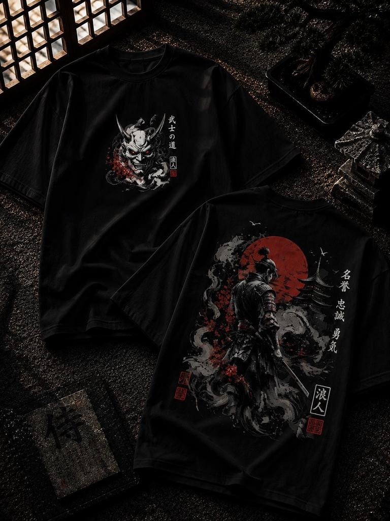 Japanese Samurai Warrior Graphic Tee, Red Sun, Ink Style Art (Unisex Black T-Shirt)