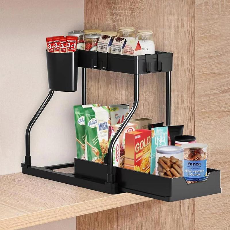 Under Sink Organizers 2 Tier Under Bathroom Cabinet Holder With Hooks & Hanging Cup, Multi-Purpose Storage Shelf For Kitchen