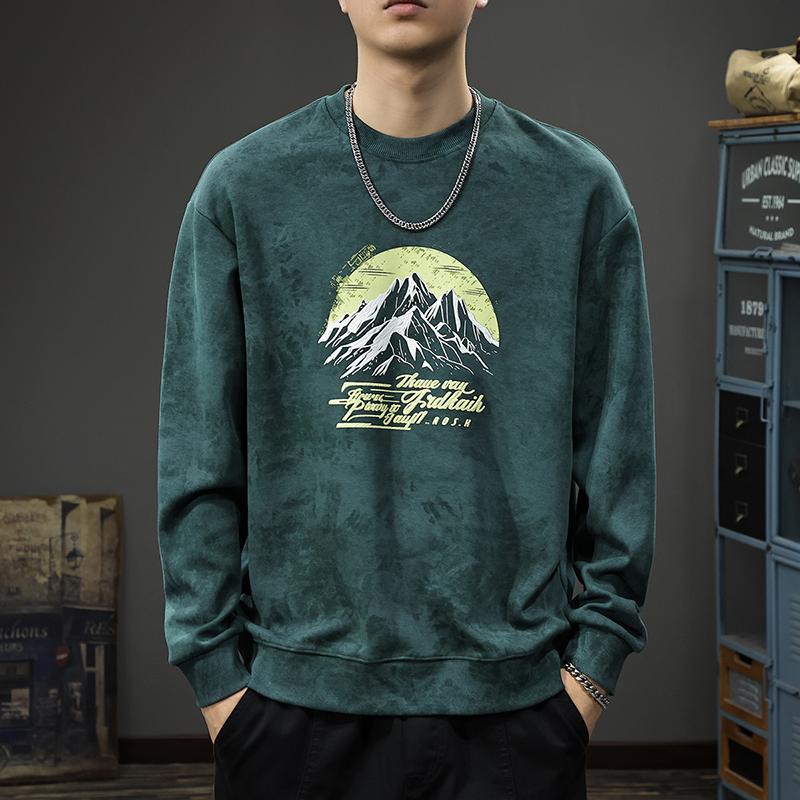 

Осенний модный брендовый свитер с принтом в виде гор, мужская ретро-стирка с длинными рукавами, американская повседневная свободная рубашка большого размера 4XL