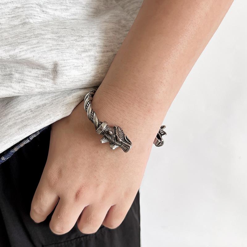 Nordic Viking Double Dog Head Cable Knit Stainless Steel Cuff Bracelet - European & American Style Men's Accessory