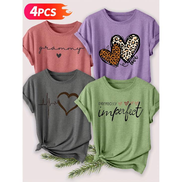 Four-piece set of elegant short-sleeved tops for women Leopard print heartbeat line print fashion retro style women's spring, summer, autumn, winter