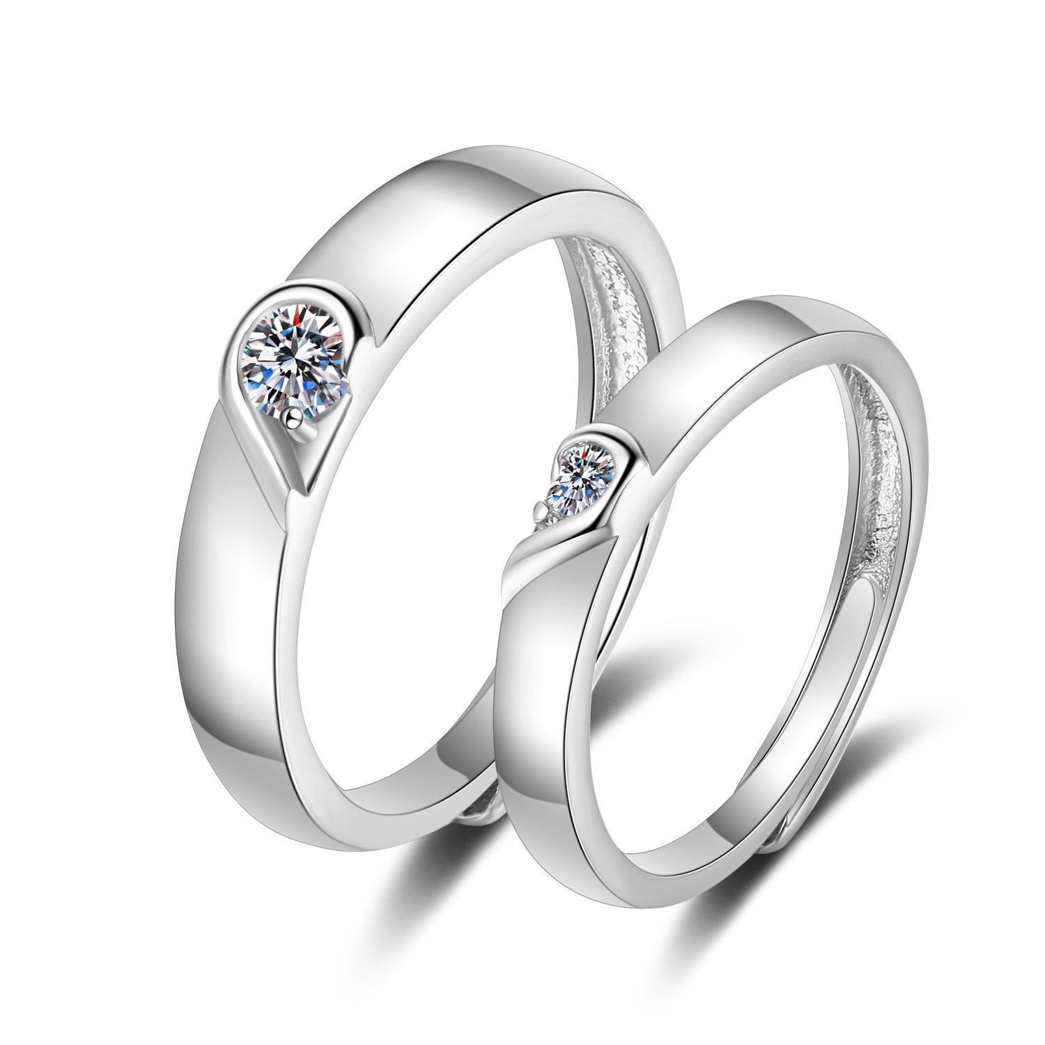 New 925 silver heart-to-heart couple rings, exquisite and sweet couple rings resizable белый