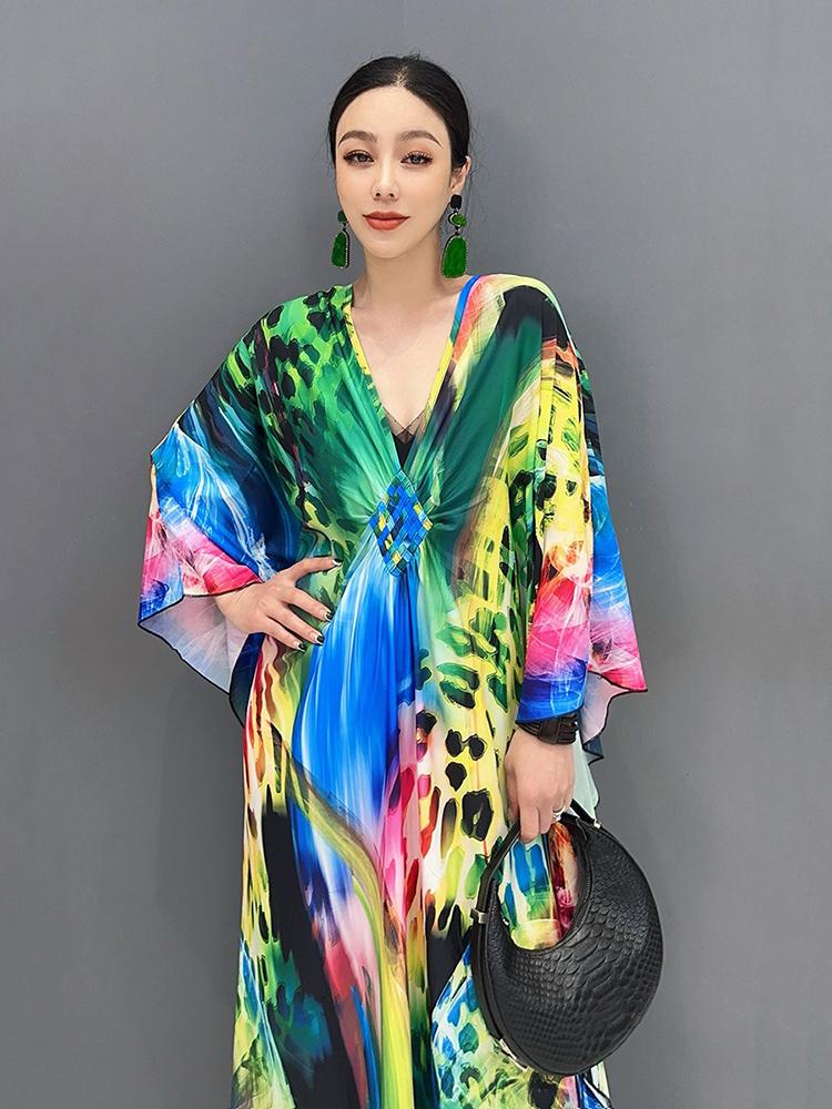XITAO Batwing Sleeve V-neck Print Dress Loose Women ZY8774