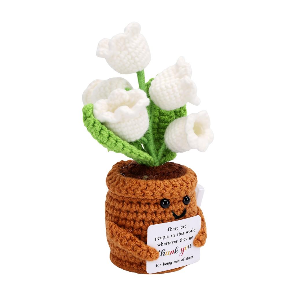 Crochet Lily of The Valley Flower with Light Handmade Positive Energy Knitted Desktop Flower for Gift Mom Coworker