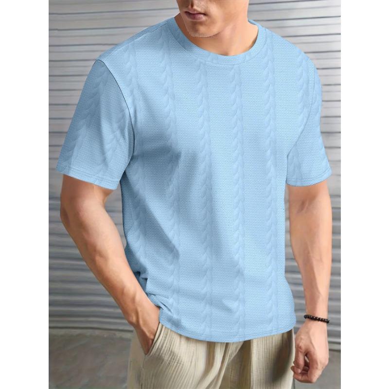Mens Casual Solid Color Textured Cable Knit Short Sleeve Crew Neck T Shirt