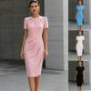 Robe midi fourreau à manches bouffantes et taille froncée pour femme, Robe formelle de bureau à col rond moulante, S-2XL
