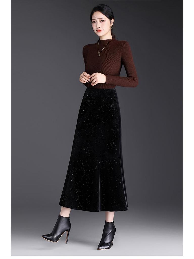 Black Velvet Sequin Fishtail Skirt - 2026 Spring High-Waisted Bodycon Skirt for Commuting