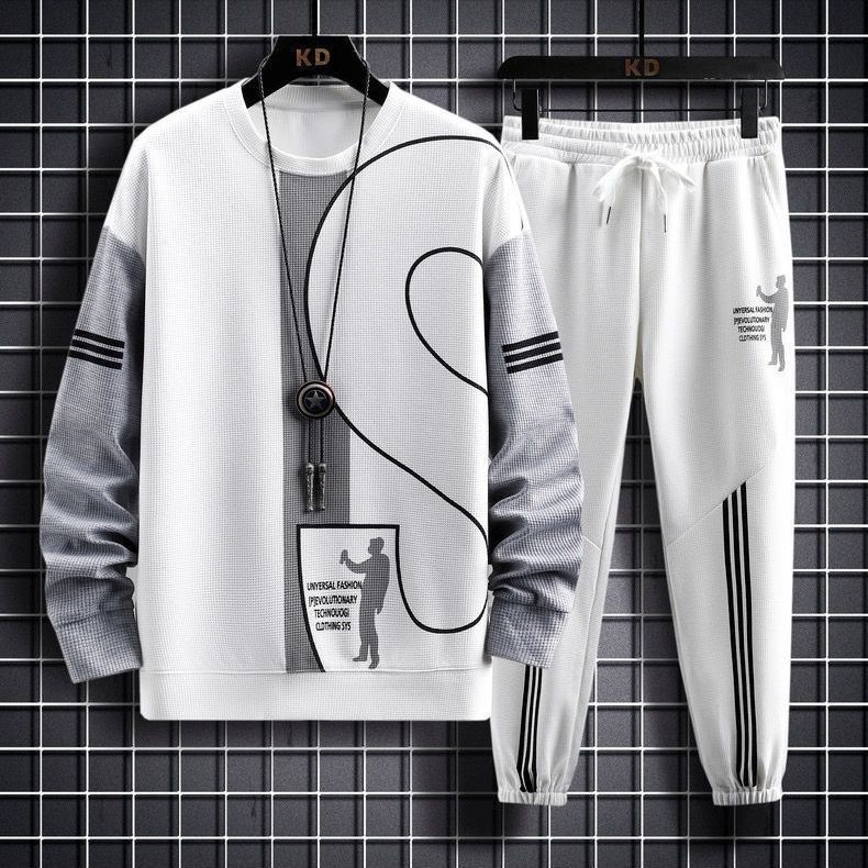 

Спортивный костюм, комплект, пуловеры, мужские новые комплекты, молодежные повседневные беговые популярные спортивные костюмы с длинным рукавом для пар, спортивные костюмы в стиле пэчворк M белый
