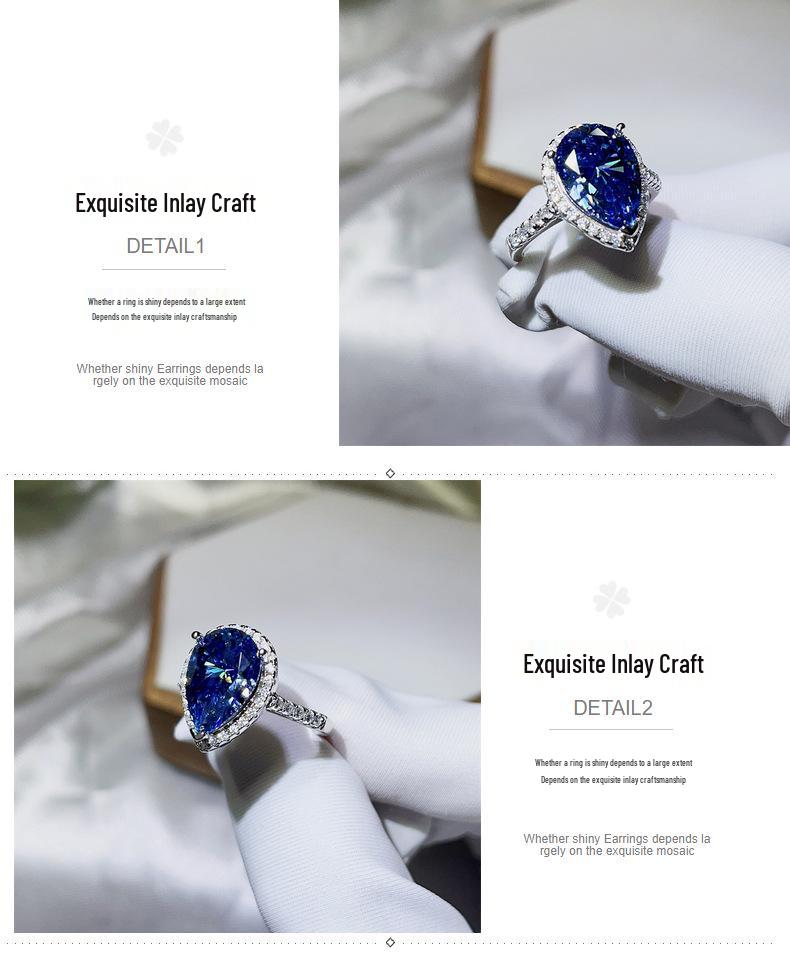 5 Carat Blue Water Drop Moissanite Women's Pear Shape Diamond Ring - Stylish European & American Fashion Bestseller.