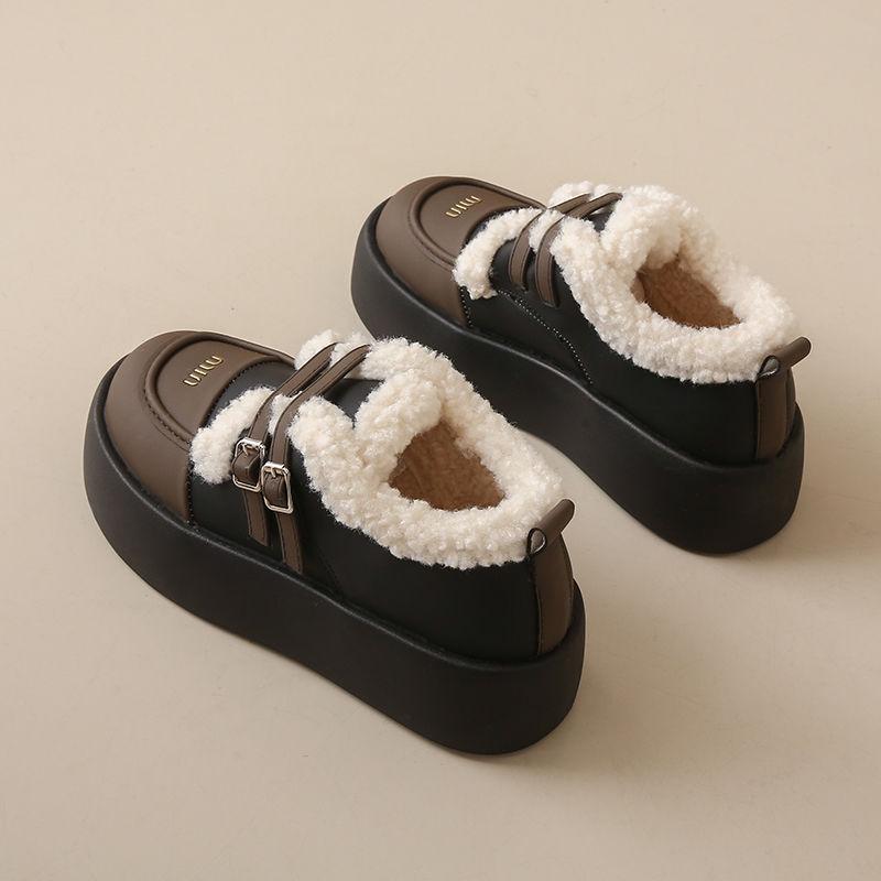 Dámské mokasíny na silné podrážce, kožené Mary Janes s velurovou podšívkou, podzimní/zimní teplé bavlněné boty, britský styl, off-white/černé.