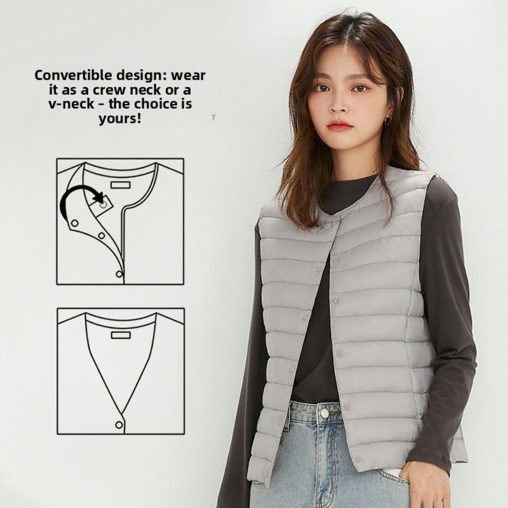 Women Collarless Down Vest Lightweight V Neck Warm Inner Liner Plus Size