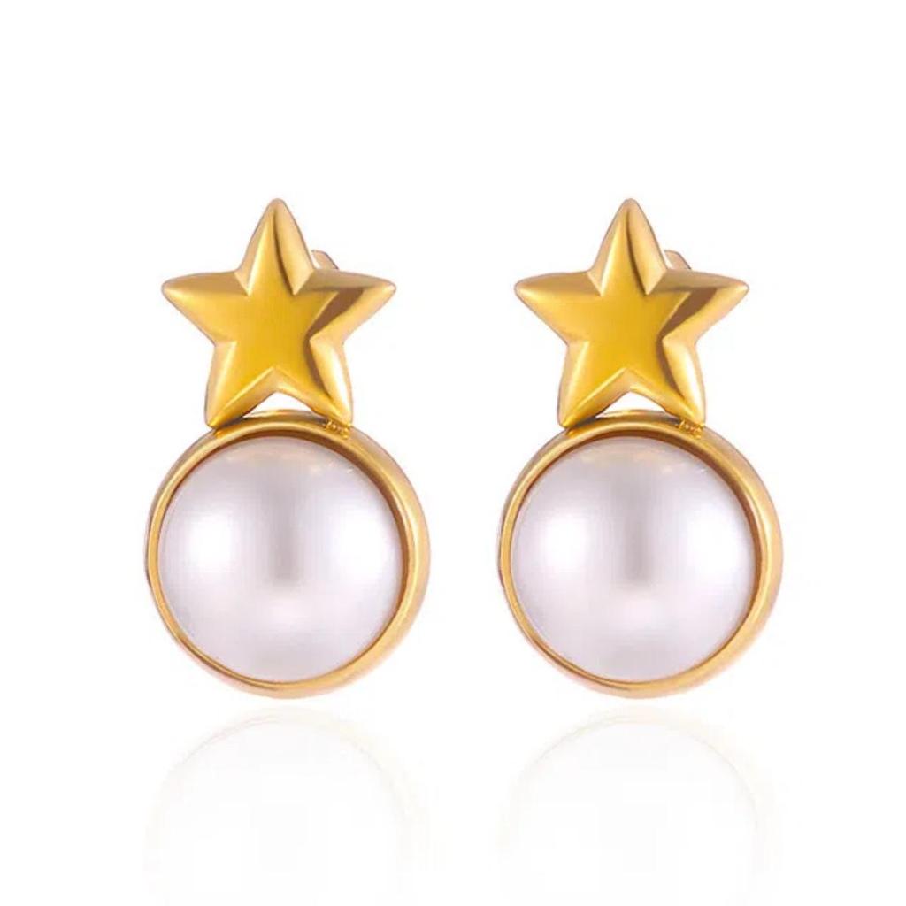 Cross Retro Pearl Temperament Earrings - 18K Gold Plated Stainless Steel with Diamond Inlaid Mother-of-Pearl Heart Bow Design