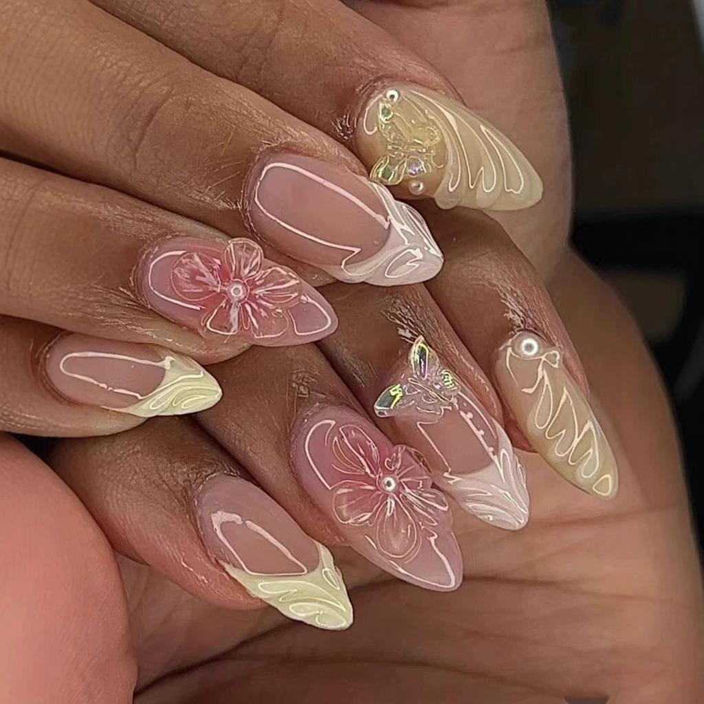 24Pcs Pink Almond False Nails Butterfly Ballet with French Design Wearable Fake Nails Simple Artificial Press On Nails Tips Art
