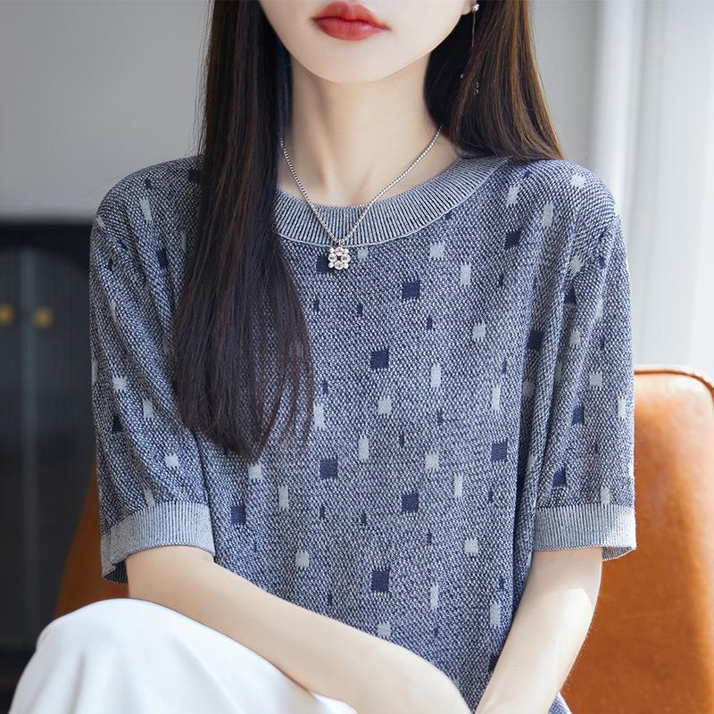 Summer New Retro Jacquard Knitted T-shirt, Blue V-neck Knitted Sweater, Short Sleeve