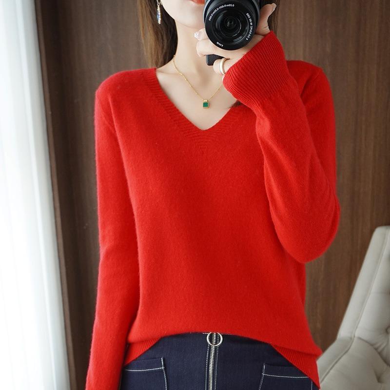 2025 Autumn Winter V-neck Knitted Pullover Women Sweater New Solid Color Fashion Elegant Casual Bottoming Shirt Thin Solid Color Simple Clothing