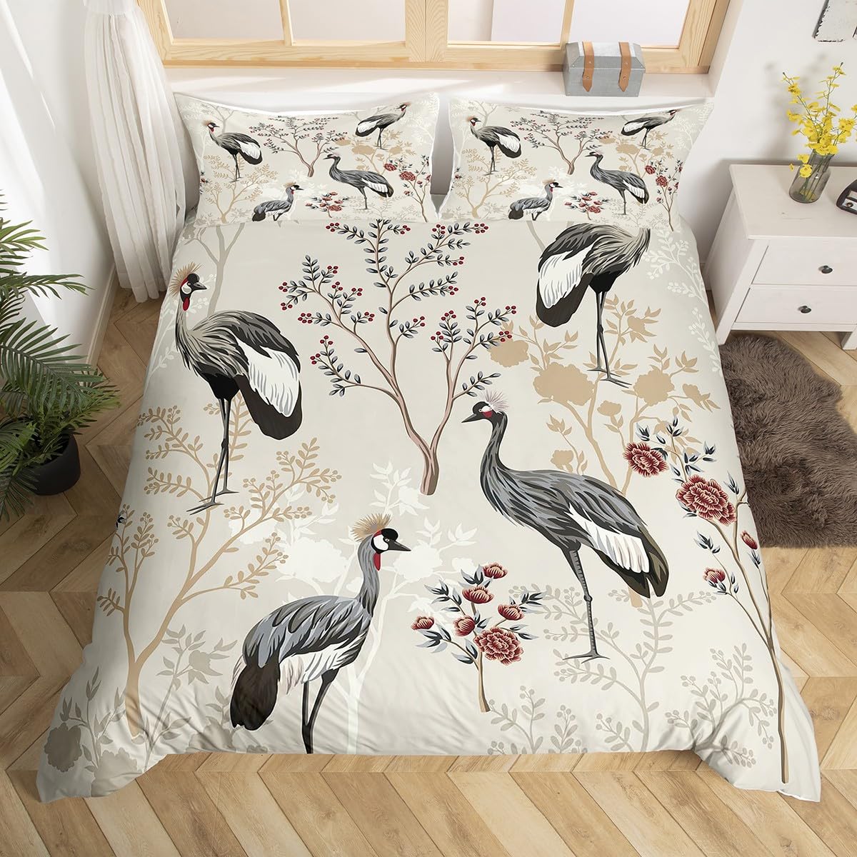 

White Crane Down Duvet Cover Queen King Size Wild Bird Animal Bedding Set Ink Painting Quilt Cover Trees Branches Plants 3 Pcs EU Single(135*200cm)3pcs
