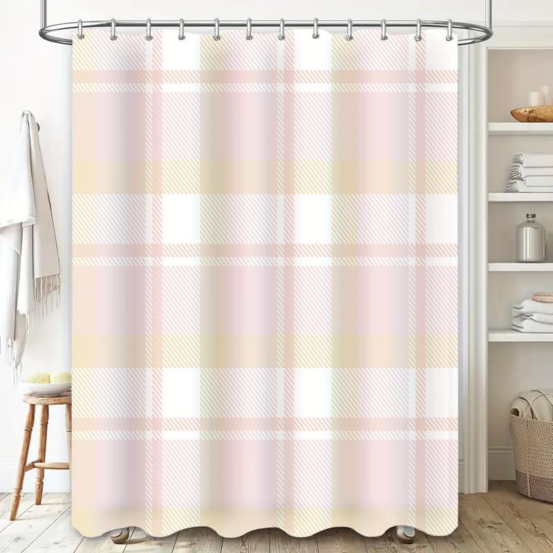 Plaid Bath Shower Curtain Waterproof Washable Home Decor For Bathtub Kids Bathroom 180X180Cm Pink Yellow White Checkered Print M