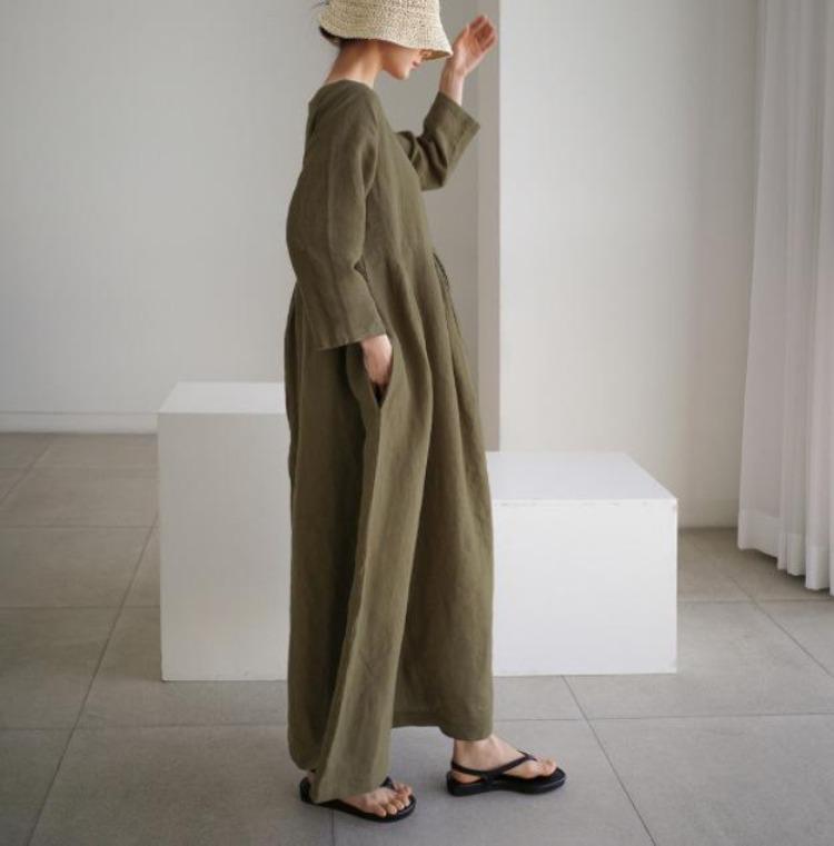 Vestito Oversize Stile Giapponese Coreano Cotone Lino Pullover Girocollo Monocolore Lunghezza al Ginocchio Gonna Svasata
