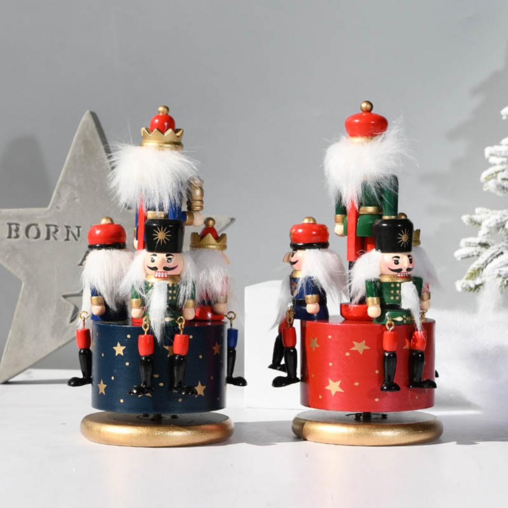 23cm Wooden Nutcracker Soldier Music Box Rotating Music Box Nutcracker Christmas Decoration Home Wooden Music Box Christmas Gift