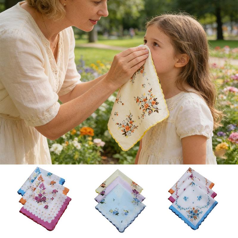 3pcs/set With Wavy Edge Embroidered Flowers Print With Lace Handkerchiefs for Wedding Gift Cotton Kerchiefs Pocket Hankies