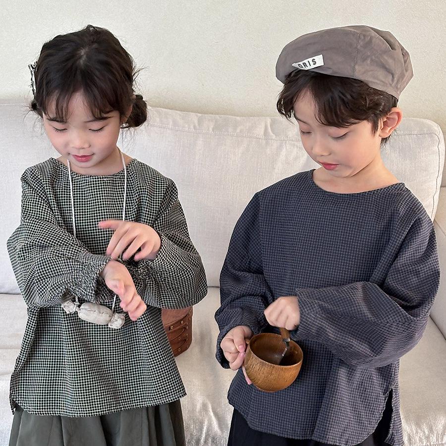 

Детская весенняя клетчатая футболка с рукавами «летучая мышь» Jiaye Tongpin 2025 130cm сине серый