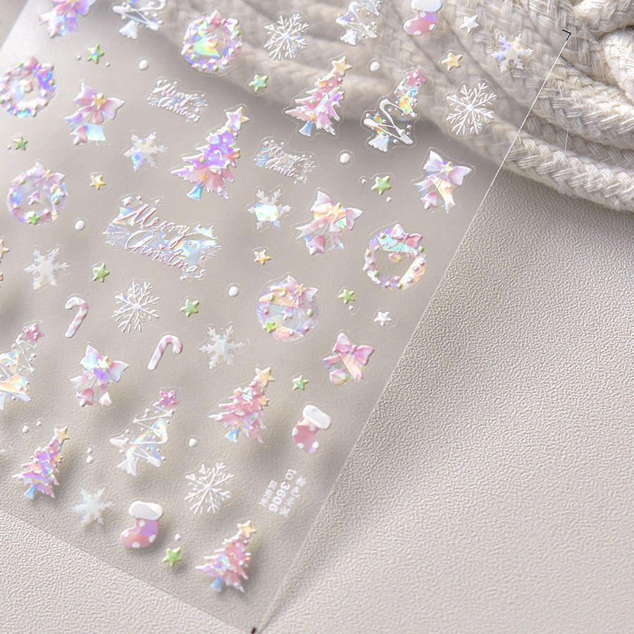 5D Christmas Snowman Bear Laser Nail Art Stickers - Festive Tree Design
